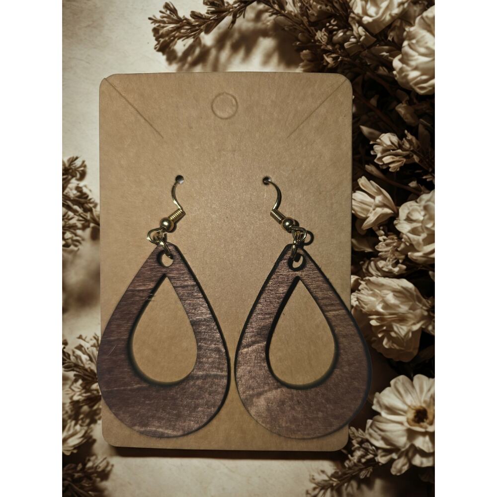 Wooden Laser cut earrings lightweight teardrop brown handmade
